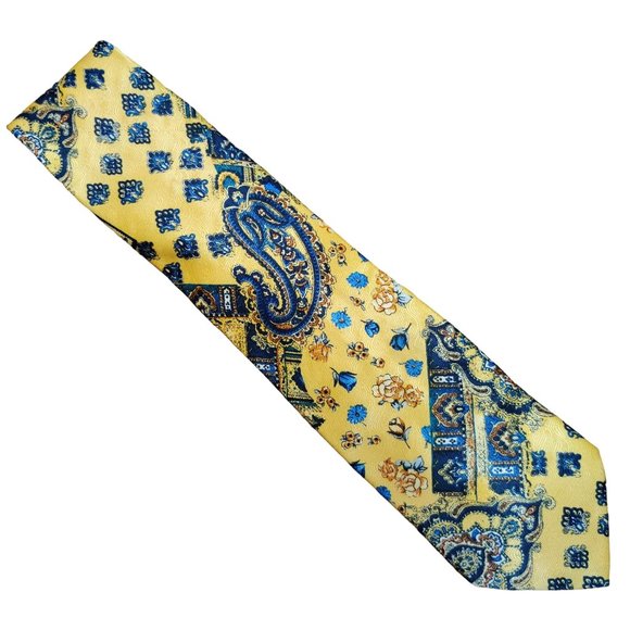 Angelo Litrico Mens Necktie C&A Silk Yellow Blue Paisley Floral Statement Tie - Picture 2 of 7